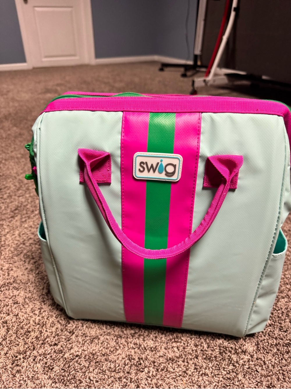 Swig Mint Green Lunch Bag with Hot Pink & Green Stripe